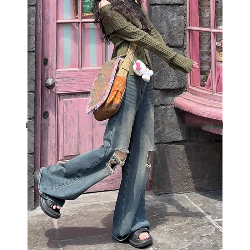 Retro Washed Ripped Straight-Leg Jeans for Women – Vintage Distressed Denim, 2025 Trend
