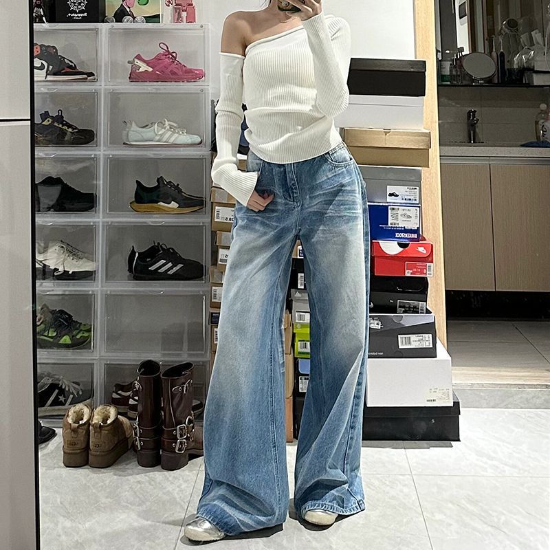 High-Waist Wide-Leg Vintage Denim Jeans for Women – Retro Washed Palazzo Trousers 2025