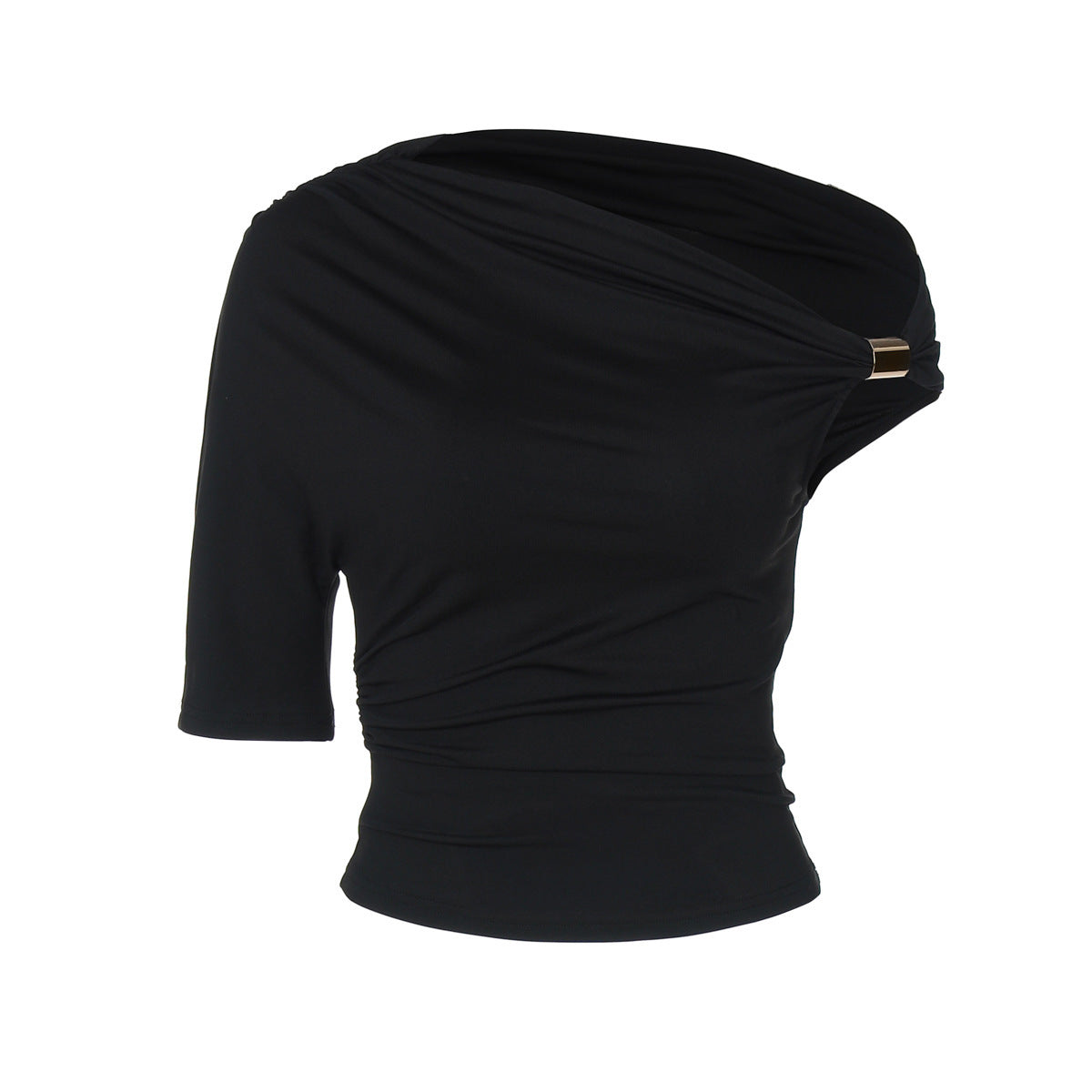 Asymmetric Pleated Crop-top Tight-fitting T-shirt