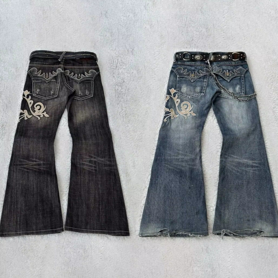 Embroidered High-Waist Denim Jeans for Women – Floral Machine-Stitched Design, 2025 Trend
