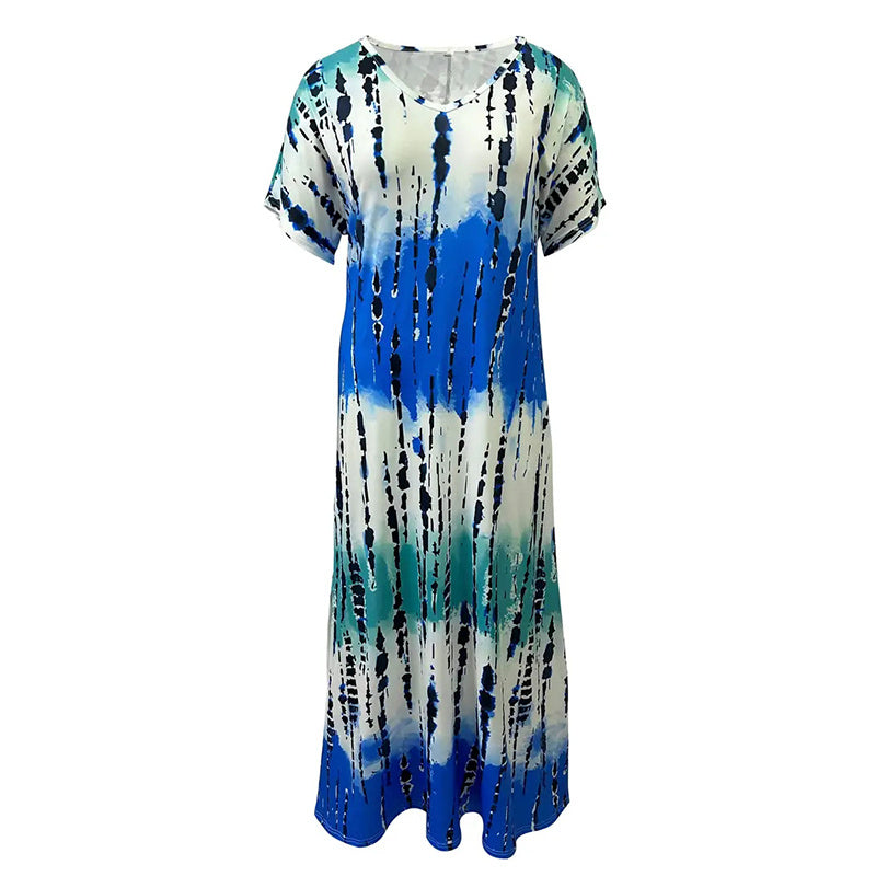 Tie-Dye V-Neck Maxi Dress with Side Split – Lightweight Summer Midi 2025