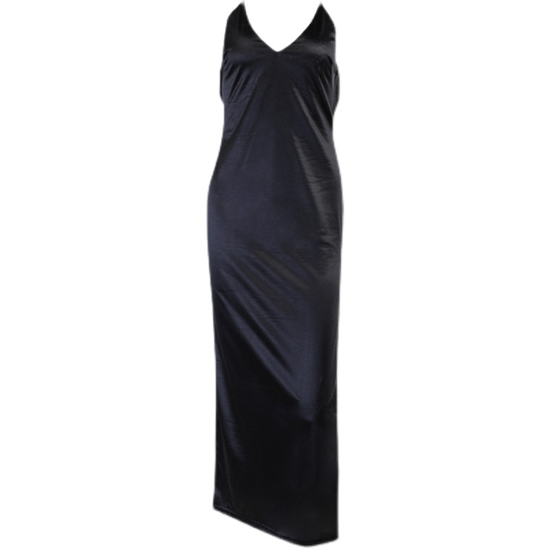 Black Satin Backless Maxi Dress – Off-Shoulder V-Neck Evening Gown 2025