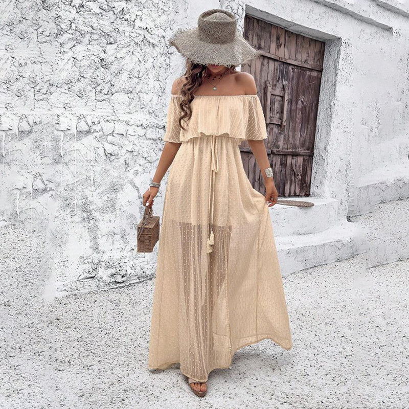 Off-Shoulder Ruffle Maxi Dress – Side-Split Beach & Party Dress 2025