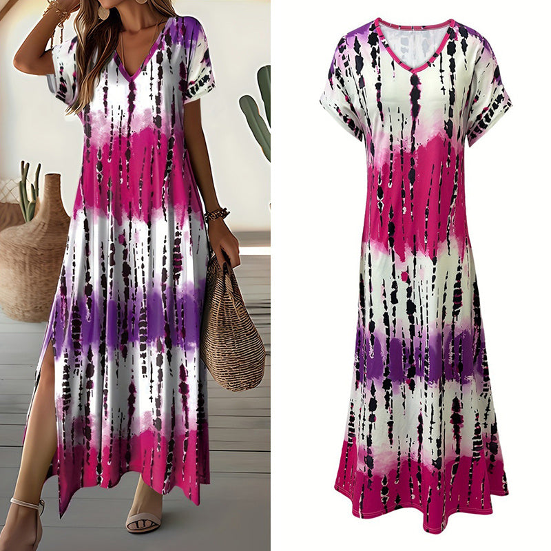 Tie-Dye V-Neck Maxi Dress with Side Split – Lightweight Summer Midi 2025