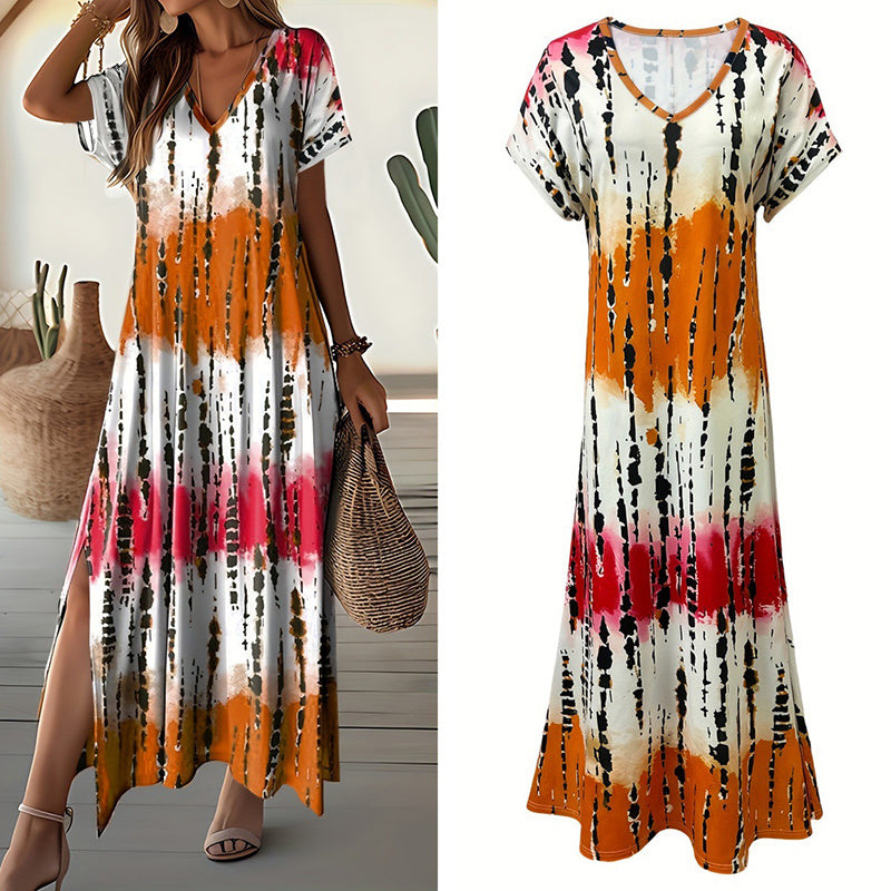 Tie-Dye V-Neck Maxi Dress with Side Split – Lightweight Summer Midi 2025