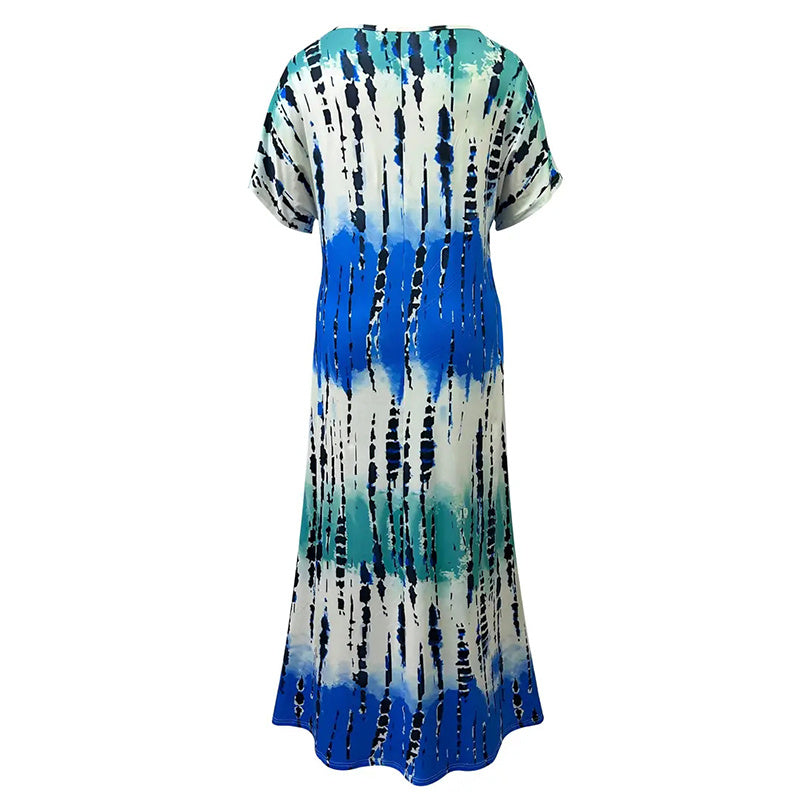 Tie-Dye V-Neck Maxi Dress with Side Split – Lightweight Summer Midi 2025