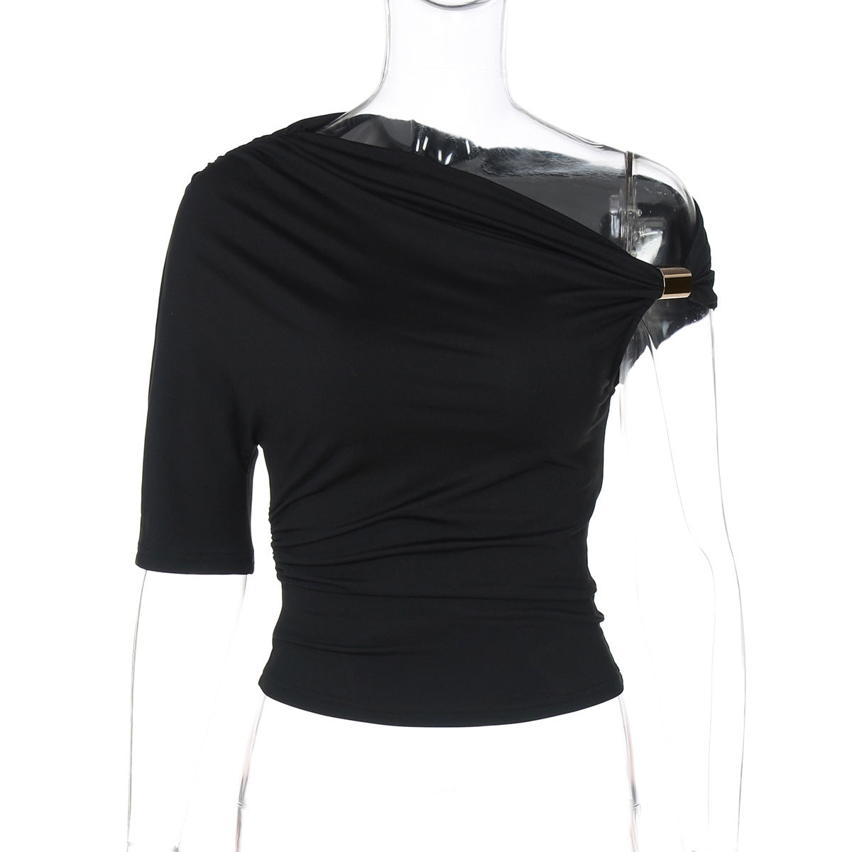 Asymmetric Pleated Crop-top Tight-fitting T-shirt