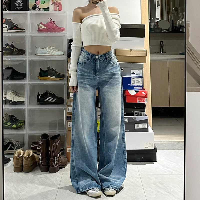 High-Waist Wide-Leg Vintage Denim Jeans for Women – Retro Washed Palazzo Trousers 2025