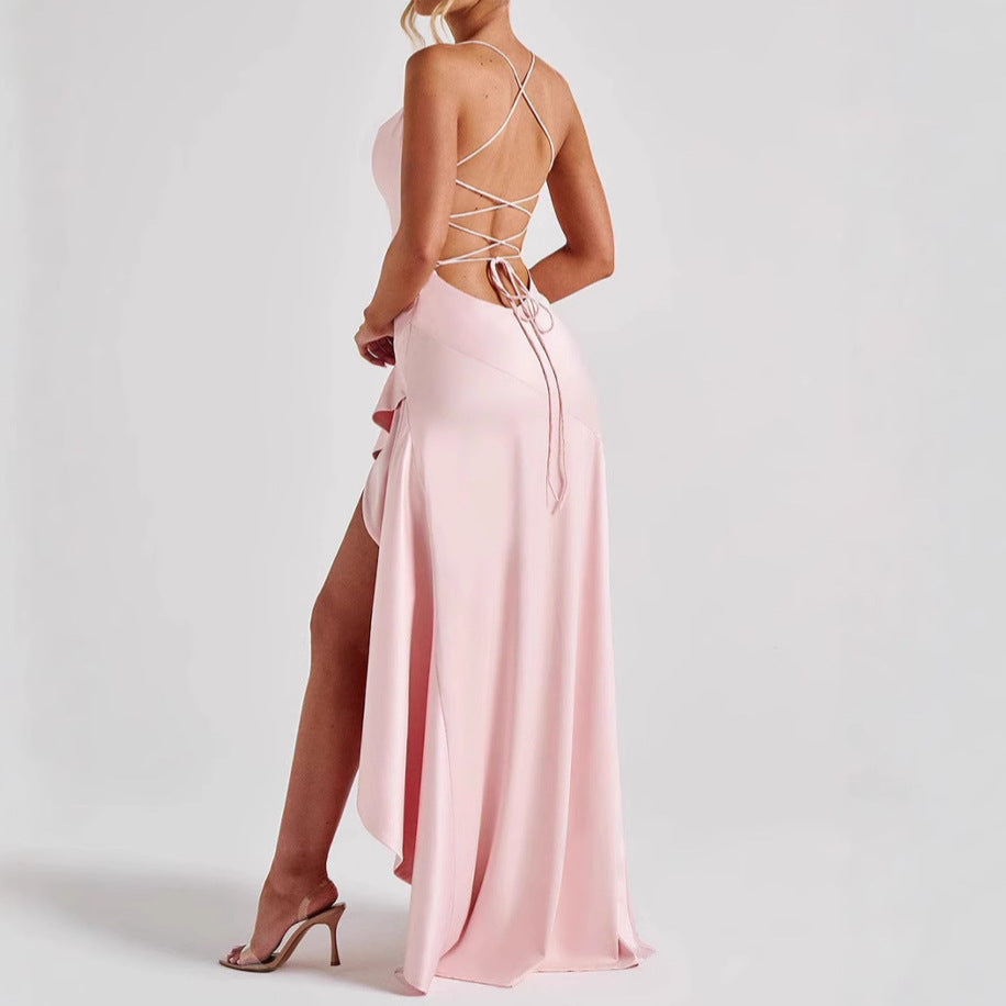 Backless Ruffle Maxi Dress with Side Split – Asymmetrical Evening Party Gown 2025