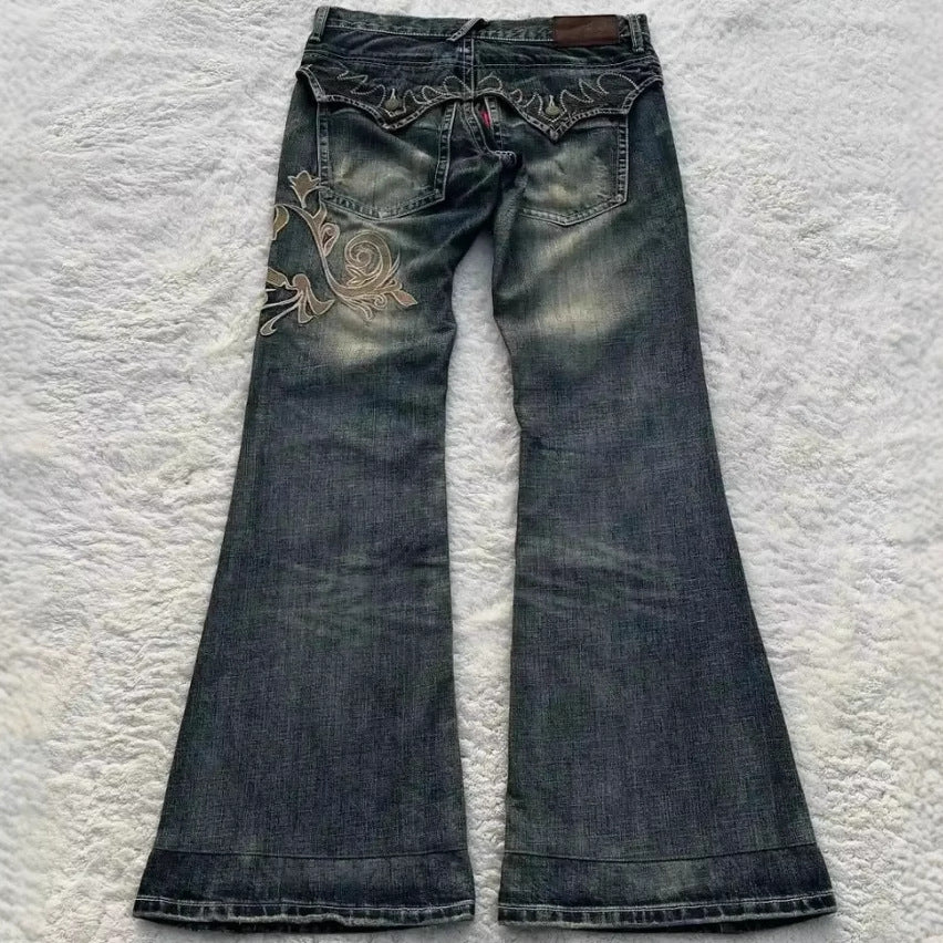 Embroidered High-Waist Denim Jeans for Women – Floral Machine-Stitched Design, 2025 Trend
