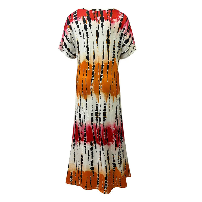Tie-Dye V-Neck Maxi Dress with Side Split – Lightweight Summer Midi 2025