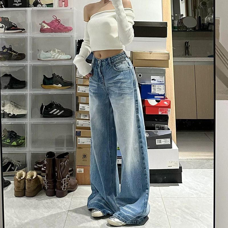 High-Waist Wide-Leg Vintage Denim Jeans for Women – Retro Washed Palazzo Trousers 2025