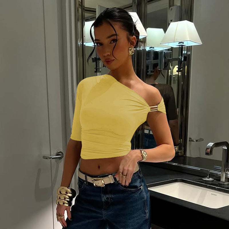 Asymmetric Pleated Crop-top Tight-fitting T-shirt