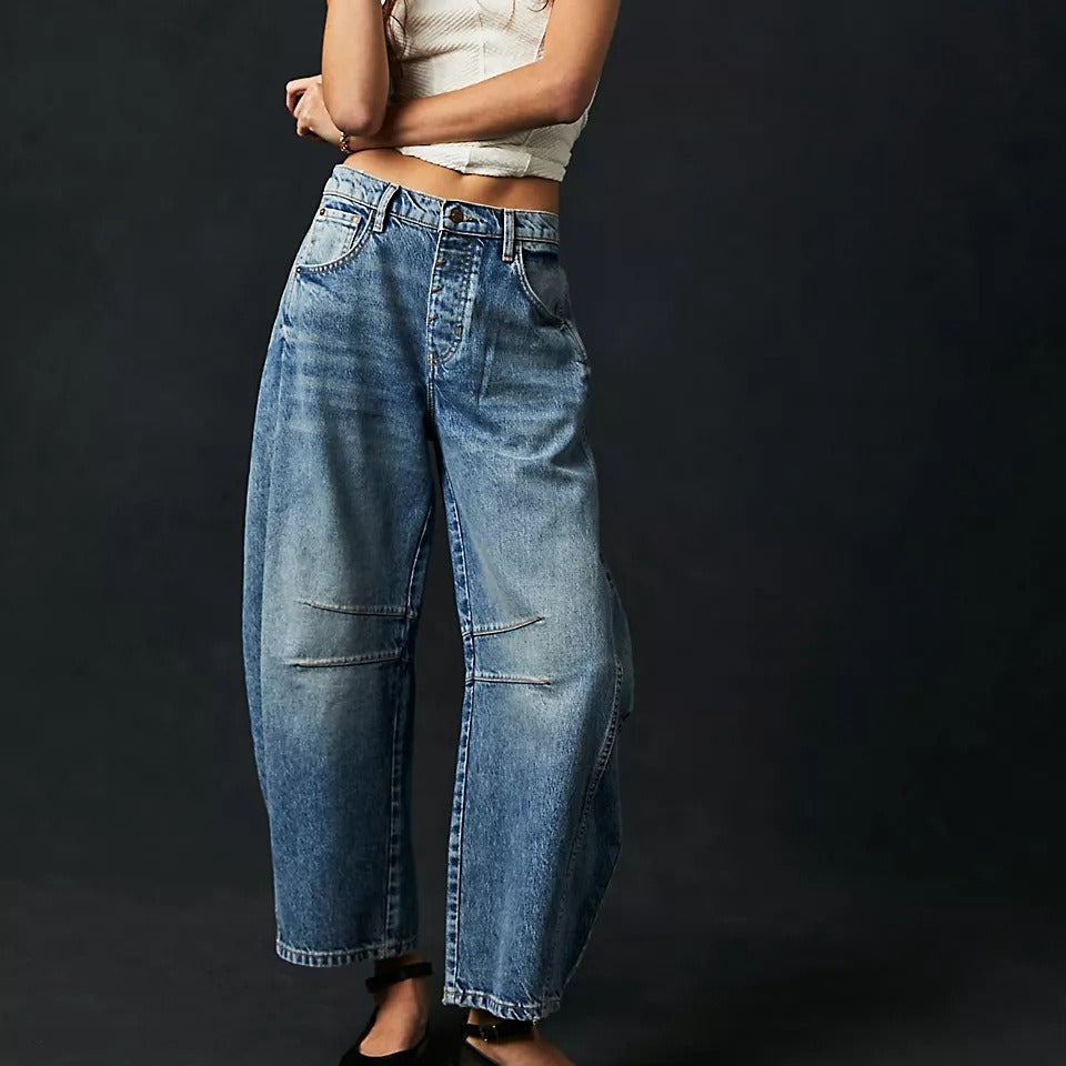 Mid-Rise Barrel Leg Stretch Denim for Women – Sculptural Wide-Leg Jeans 2025