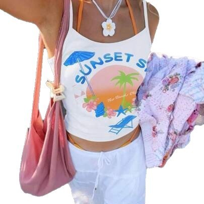Women's Fitted Beach Print Crop Tank Top
