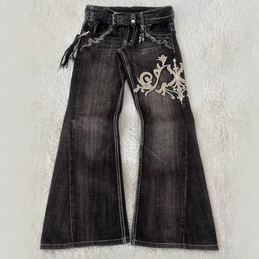 Embroidered High-Waist Denim Jeans for Women – Floral Machine-Stitched Design, 2025 Trend