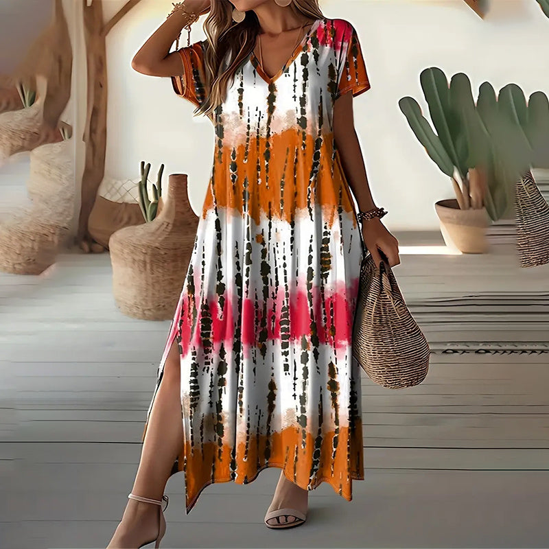 Tie-Dye V-Neck Maxi Dress with Side Split – Lightweight Summer Midi 2025