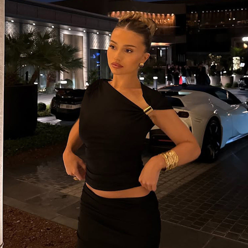 Asymmetric Pleated Crop-top Tight-fitting T-shirt