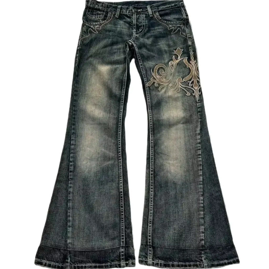 Embroidered High-Waist Denim Jeans for Women – Floral Machine-Stitched Design, 2025 Trend