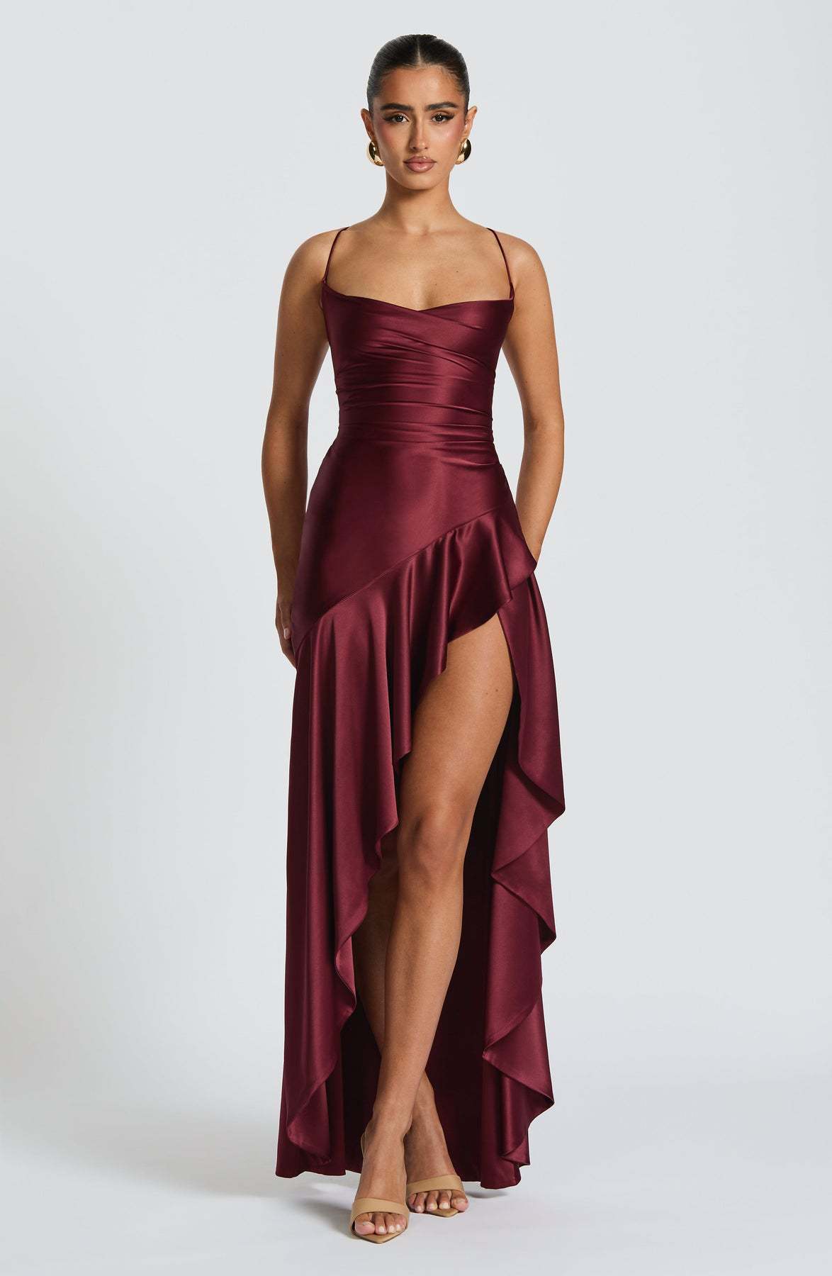 Backless Ruffle Maxi Dress with Side Split – Asymmetrical Evening Party Gown 2025