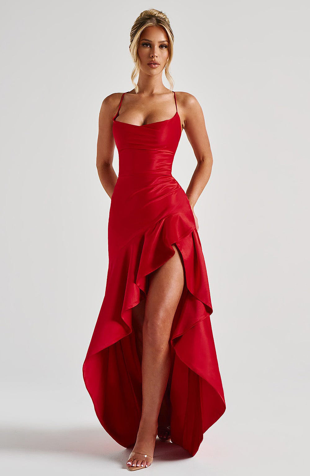 Backless Ruffle Maxi Dress with Side Split – Asymmetrical Evening Party Gown 2025