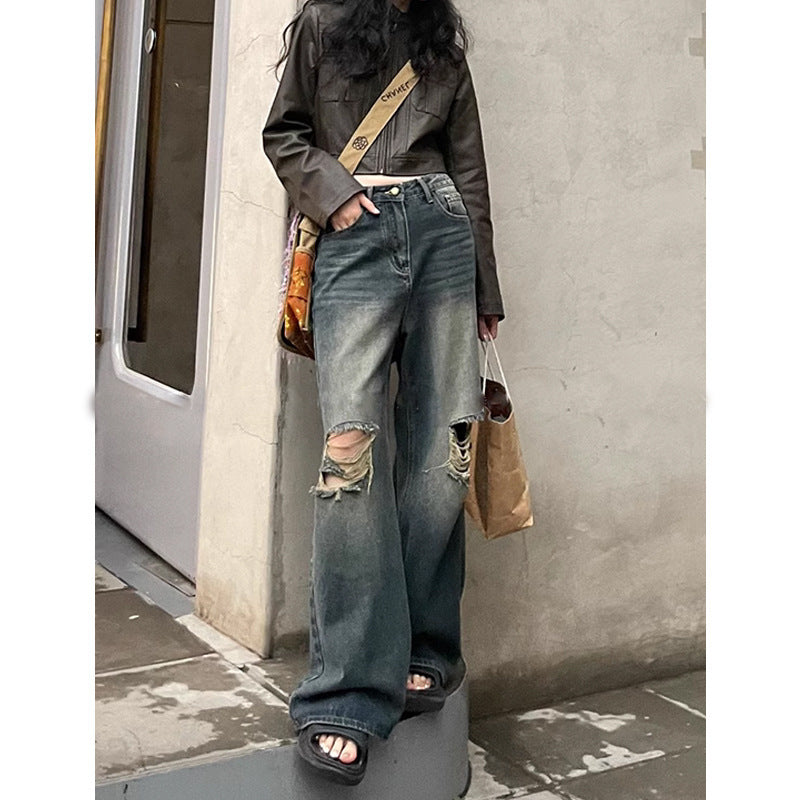 Retro Washed Ripped Straight-Leg Jeans for Women – Vintage Distressed Denim, 2025 Trend