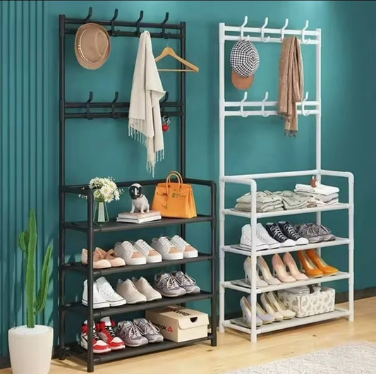 Clothes Hanger with Multi-Layer Shoe Rack - Floor-Standing Hat & Shoe Shelf