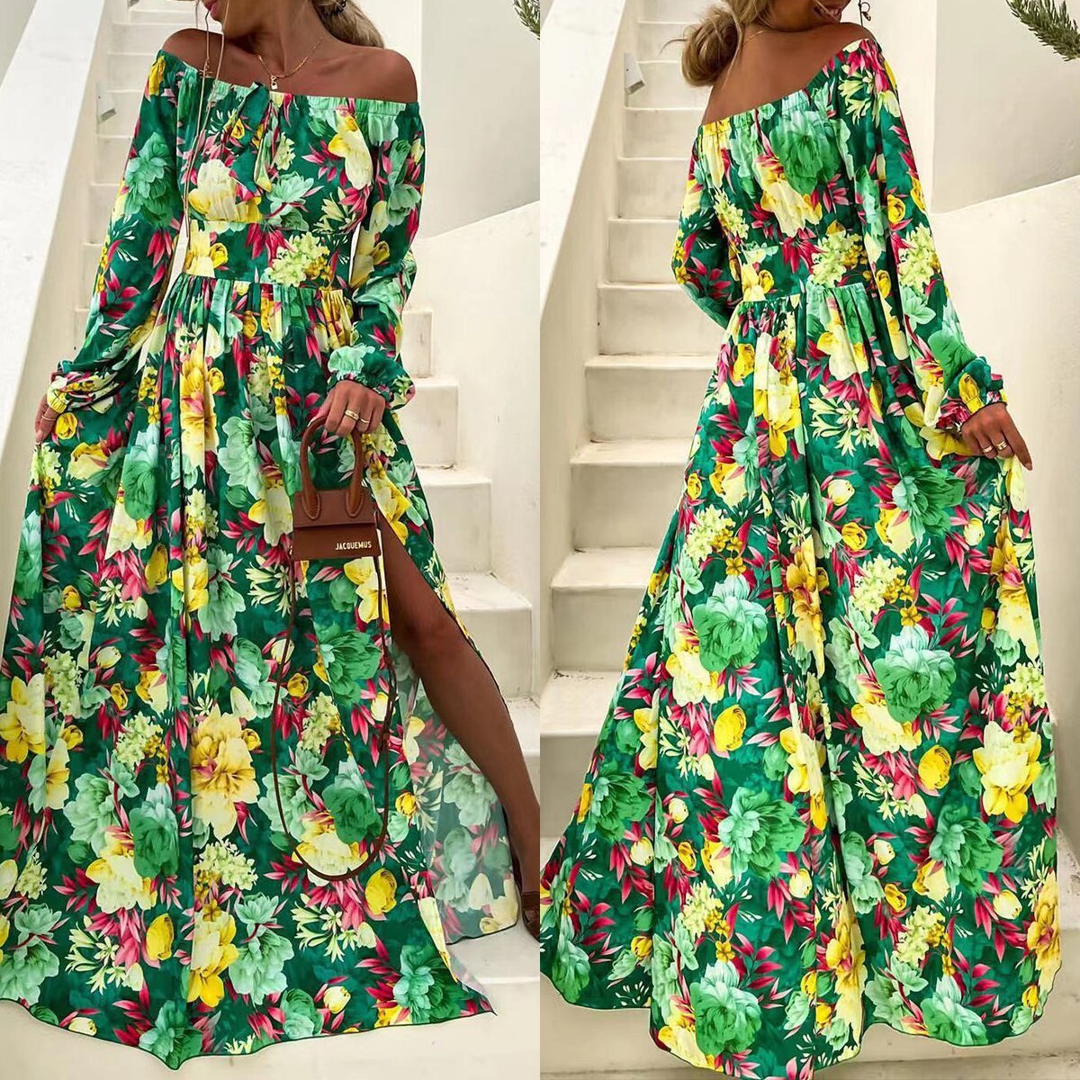 Boho Floral Maxi Dress for Women – Tiered Earth-Tone Print 2025
