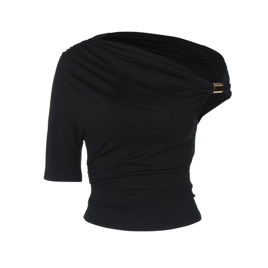 Asymmetric Pleated Crop-top Tight-fitting T-shirt