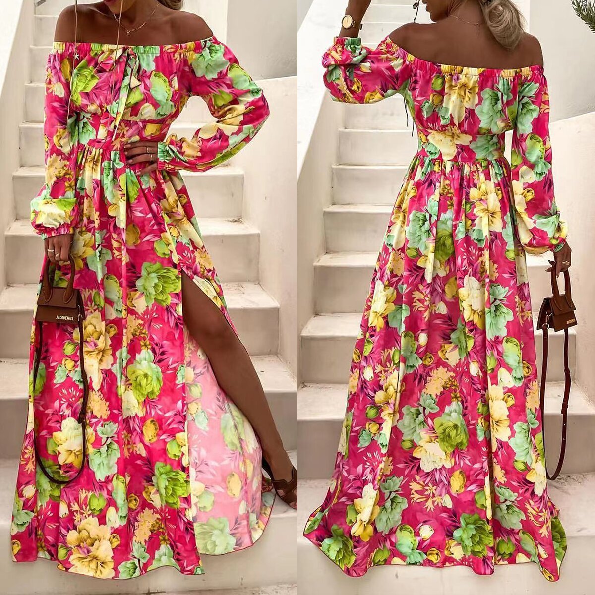 Boho Floral Maxi Dress for Women – Tiered Earth-Tone Print 2025