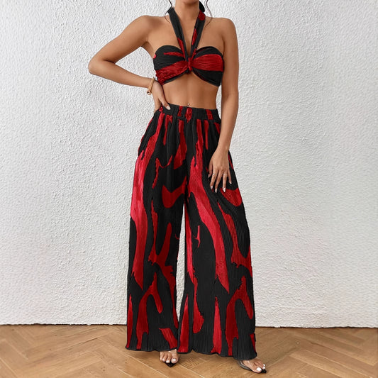 Halter Tube Top Flame Wide-leg Pants Suit