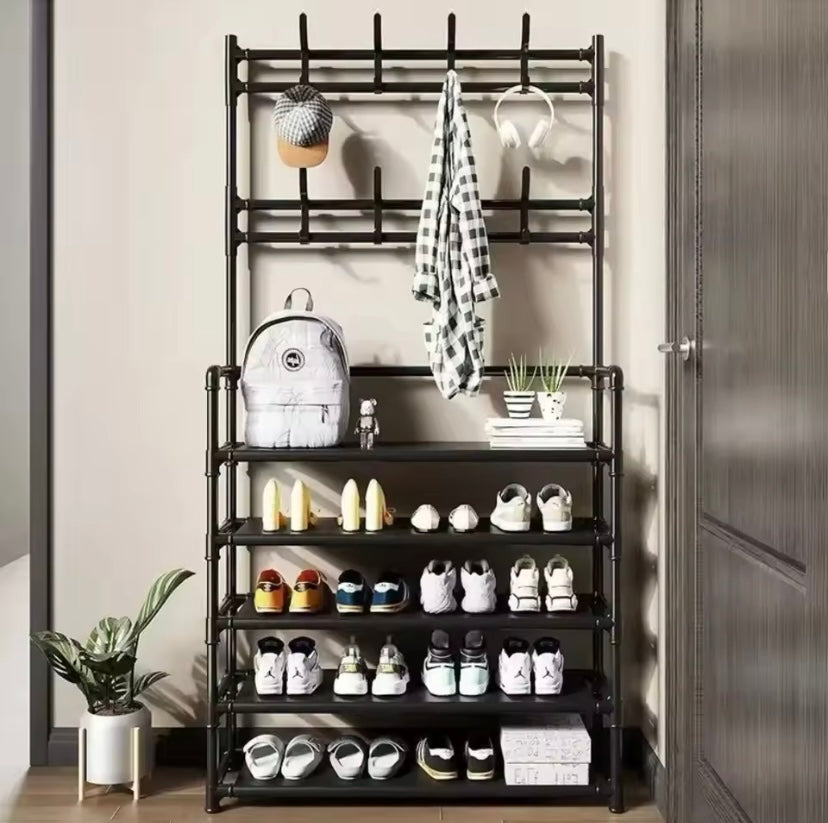 Clothes Hanger with Multi-Layer Shoe Rack - Floor-Standing Hat & Shoe Shelf