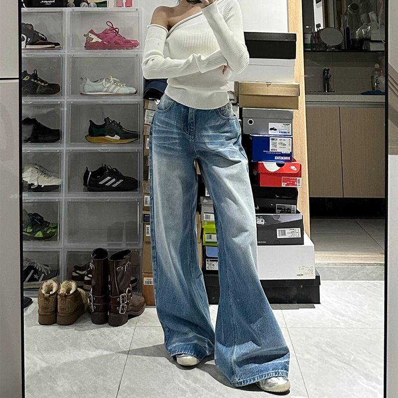 High-Waist Wide-Leg Vintage Denim Jeans for Women – Retro Washed Palazzo Trousers 2025