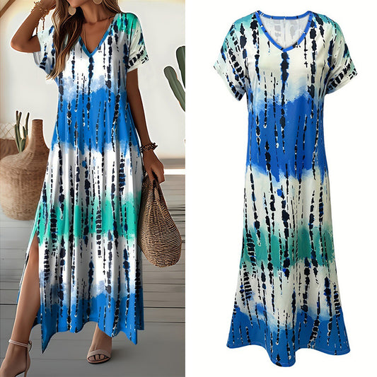 Tie-Dye V-Neck Maxi Dress with Side Split – Lightweight Summer Midi 2025