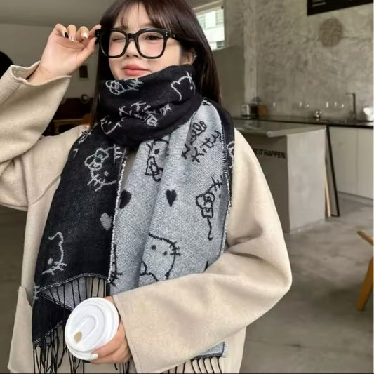 Black/Grey Hello Kitty Scarf: Stylish and Cozy Kawaii Accessory