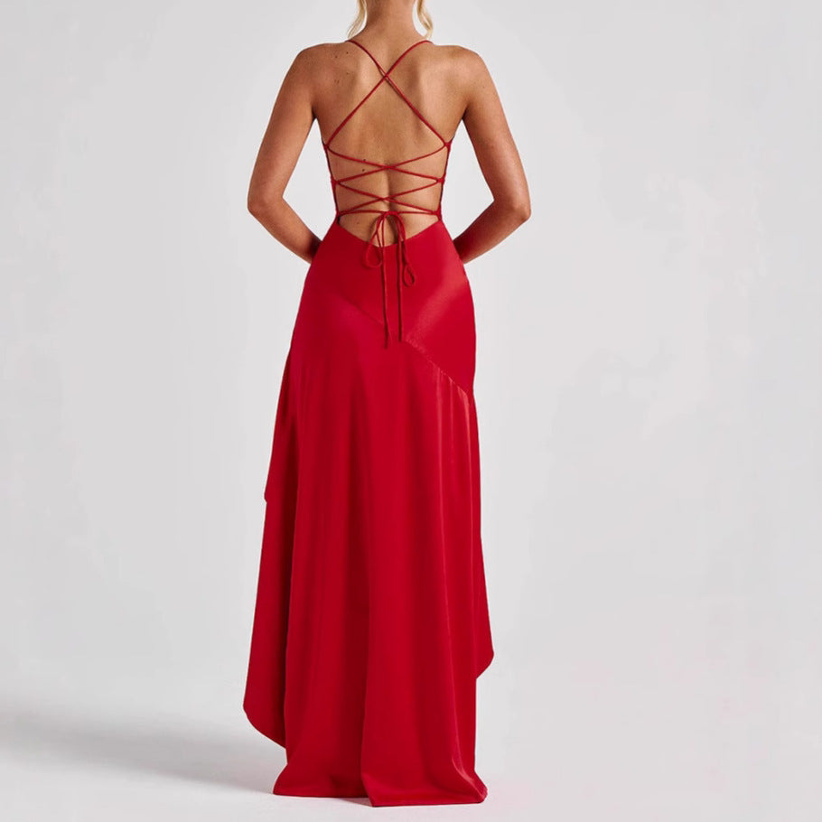 Backless Ruffle Maxi Dress with Side Split – Asymmetrical Evening Party Gown 2025