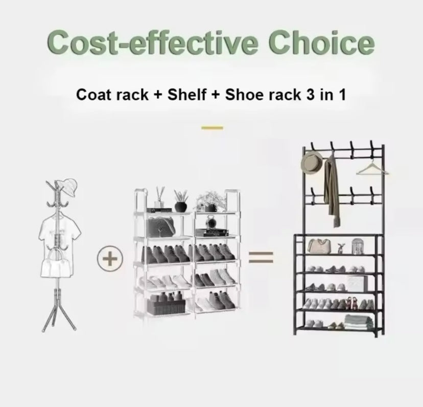 Clothes Hanger with Multi-Layer Shoe Rack - Floor-Standing Hat & Shoe Shelf