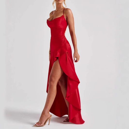 Backless Ruffle Maxi Dress with Side Split – Asymmetrical Evening Party Gown 2025