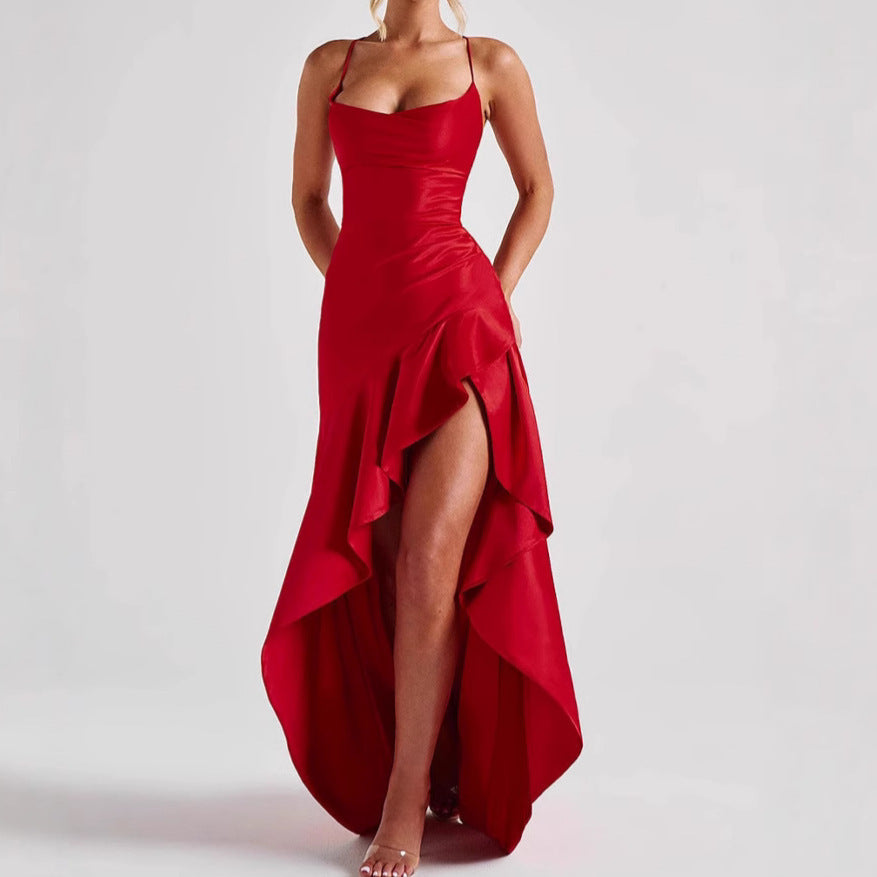 Backless Ruffle Maxi Dress with Side Split – Asymmetrical Evening Party Gown 2025