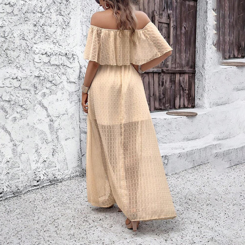 Off-Shoulder Ruffle Maxi Dress – Side-Split Beach & Party Dress 2025