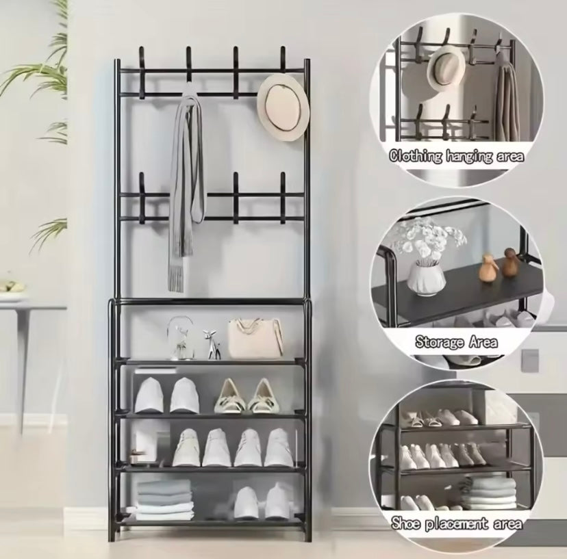 Clothes Hanger with Multi-Layer Shoe Rack - Floor-Standing Hat & Shoe Shelf