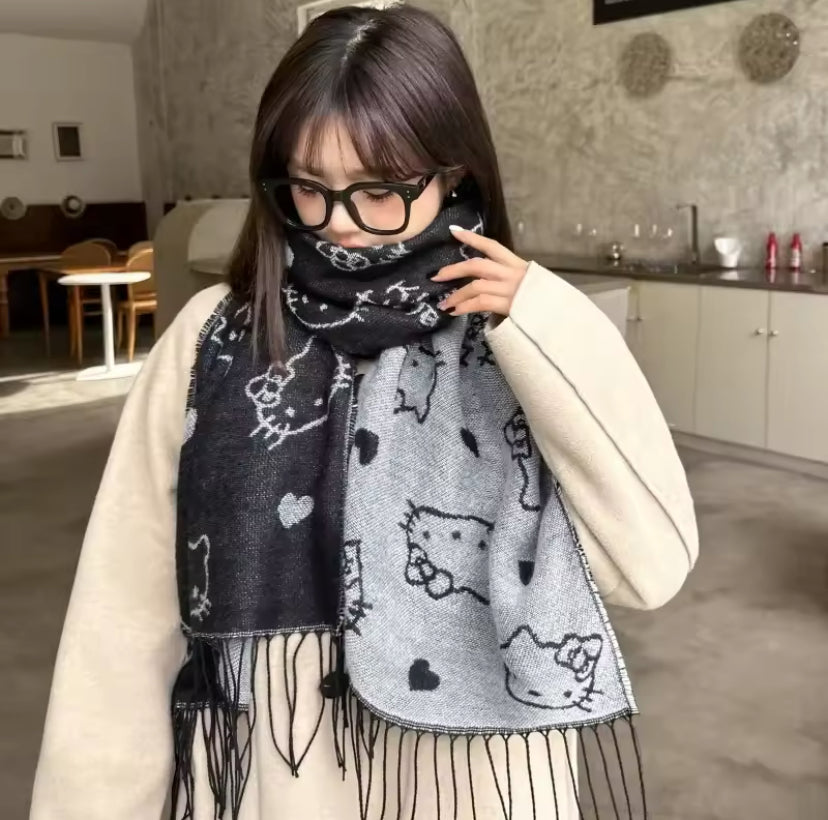 Black/Grey Hello Kitty Scarf: Stylish and Cozy Kawaii Accessory