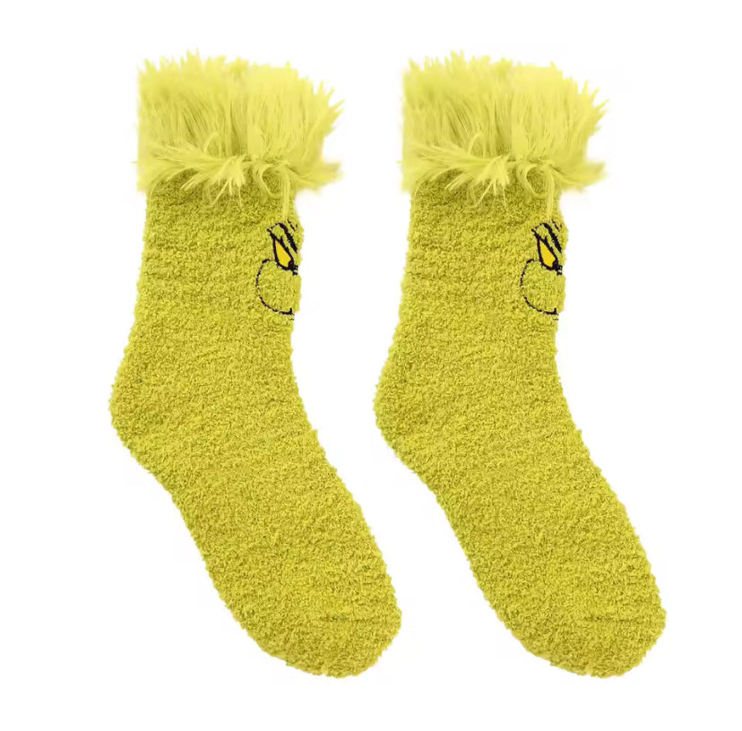 Cozy Green Grinch Fluffy Socks Featuring His Iconic Mischievous Smirk!