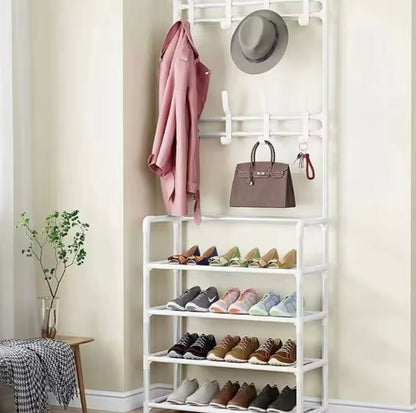 Clothes Hanger with Multi-Layer Shoe Rack - Floor-Standing Hat & Shoe Shelf