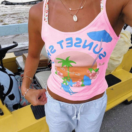 Women's Fitted Beach Print Crop Tank Top