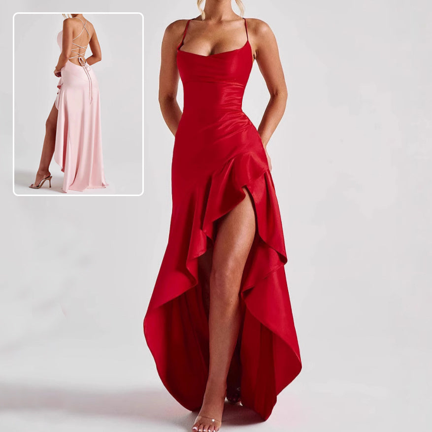 Backless Ruffle Maxi Dress with Side Split – Asymmetrical Evening Party Gown 2025