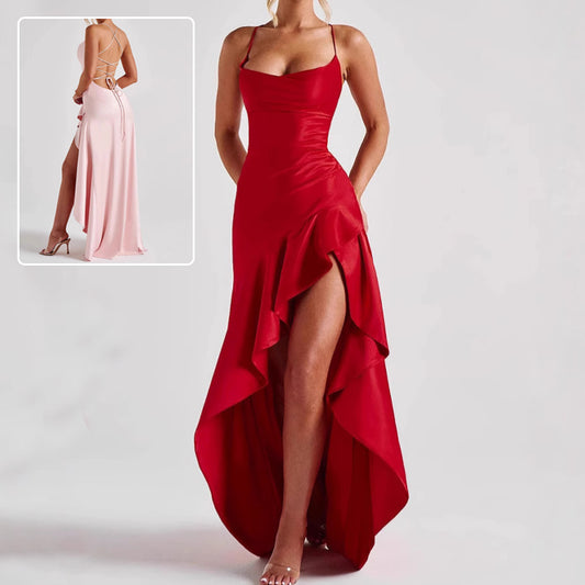 Backless Ruffle Maxi Dress with Side Split – Asymmetrical Evening Party Gown 2025