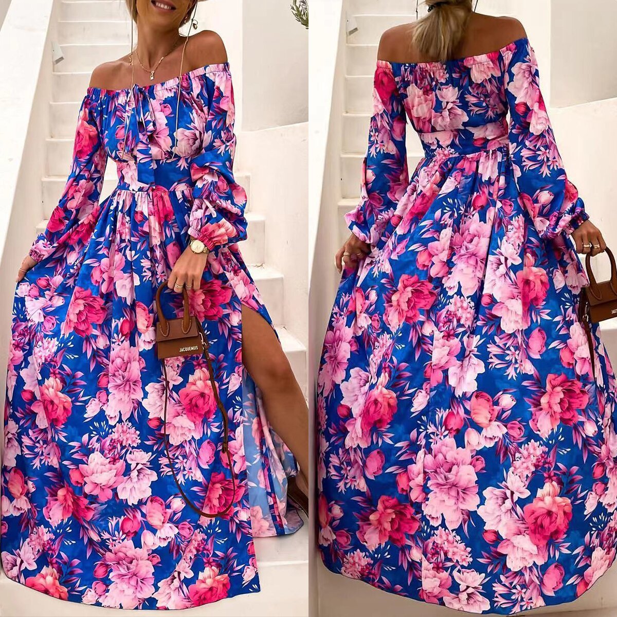 Boho Floral Maxi Dress for Women – Tiered Earth-Tone Print 2025