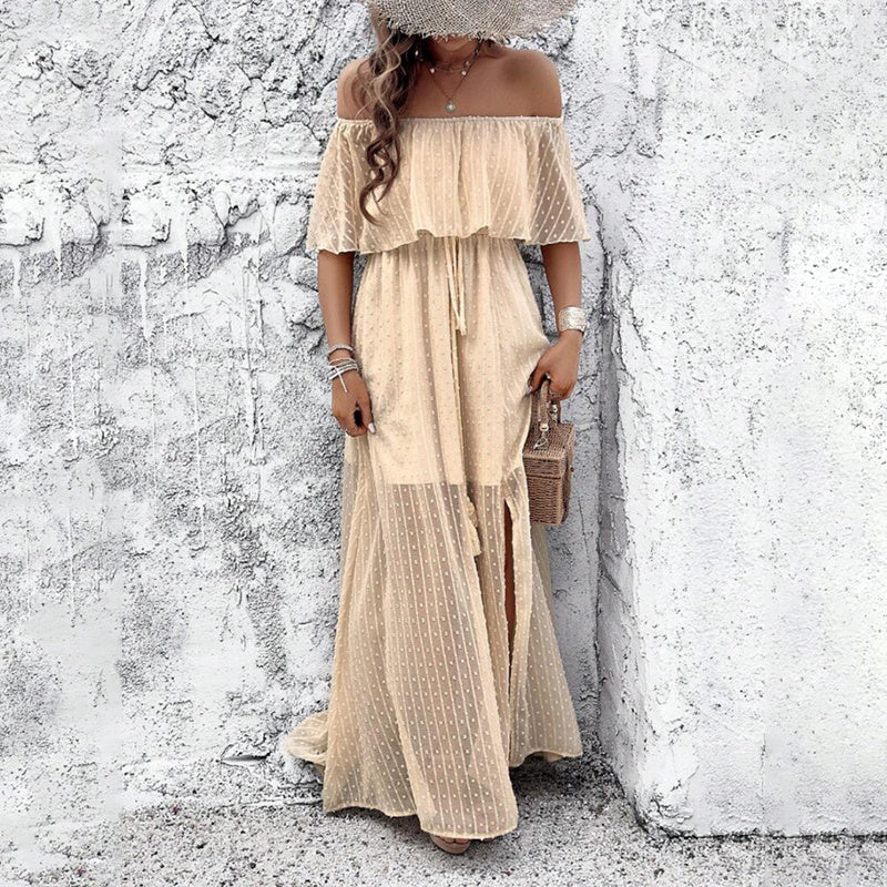 Off-Shoulder Ruffle Maxi Dress – Side-Split Beach & Party Dress 2025