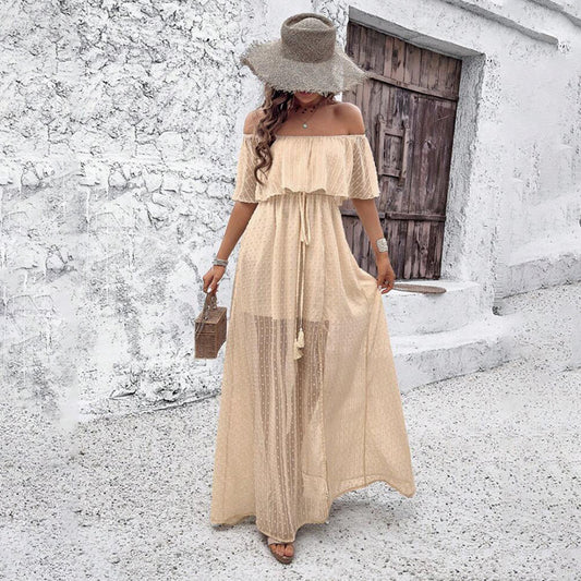 Off-Shoulder Ruffle Maxi Dress – Side-Split Beach & Party Dress 2025